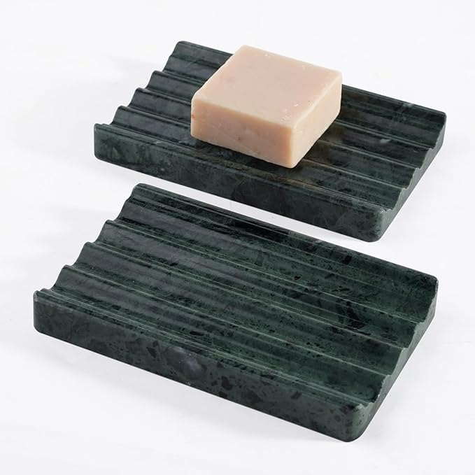 2 Pcs Soap Holder for Bathroom, Marble Soap Dish for Kitchen Countertop, Green Soaps Tray with Creative Wavy Design, Soaps Saver for Bath Tub, Sponges, Indian Natural Stone