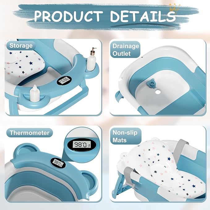 TPN Collapsible Baby Bathtub for Infants to Toddler with Real-time Temp Monitor+Floating Cushion,Foldable Baby Bath Tub Set Applicable 0-36 Month,Perfect Portable Travel Baby Tub for Newborns Boy