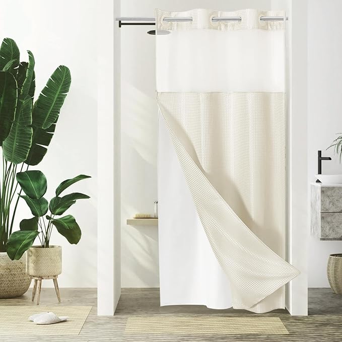 Gibelle Stall Small Shower Curtain 36x74, Waffle Weave Shower Curtain with Snap-in Fabric Liner Set, No Hooks Needed, Hotel Style with Mesh Top Window, Ivory