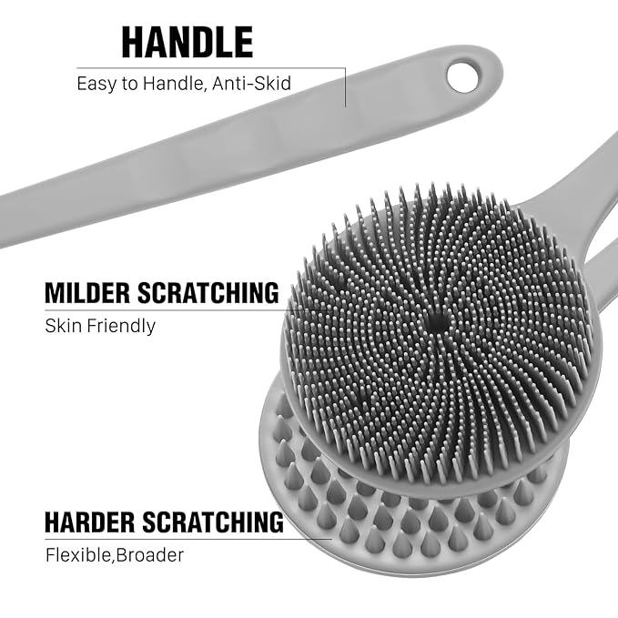 Silicone Body Scrubber for Shower Men Women – Dual-Sided Exfoliating & Massage Shower Brush with Long Handle, Creates Rich Lather, Includes 1 Hook & 2 Lather Balls (Gray).