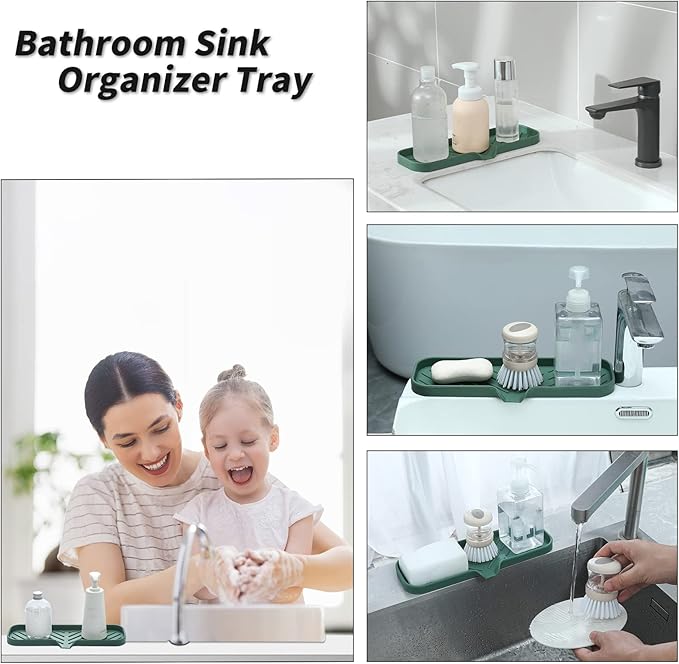 Silicone Bathroom Soap Dishes with Drain Spout-Bathroom and Kitchen Sink Organizer,Sponge Holder,Dish Soap Tray,Perfect for Dispenser,Scrubber,Bottle,Cup on Sink or Counter-Green 12"×4"