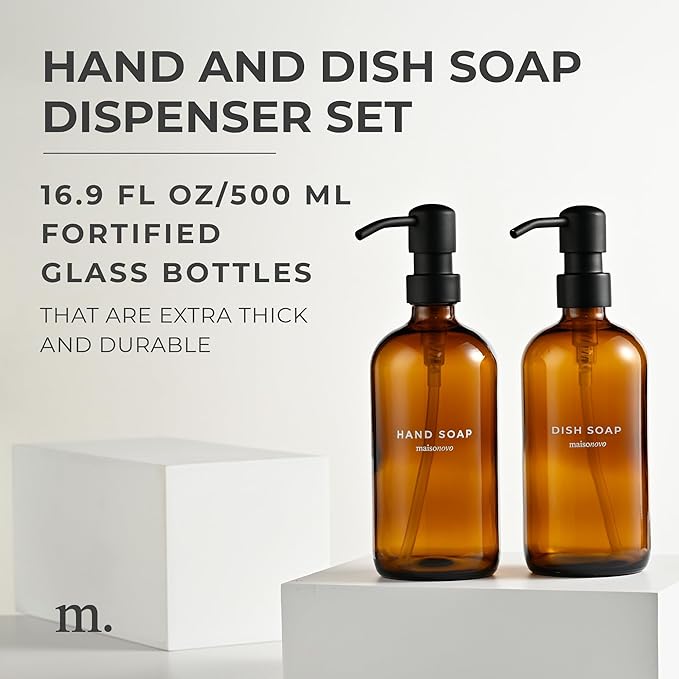 MaisoNovo Soap Dispenser 2-Piece Set | 16.9oz Amber Bottles with Black Stainless Steel Pumps
