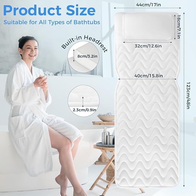 Full Body Bath Pillow for Tub, Soft Bathtub Pillow for Neck and Back Support, Washable 4D Mesh Bathtub Cushion with 11 Non-Slip Suction Cups, White