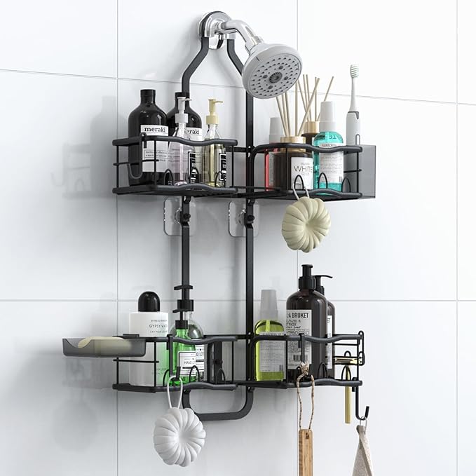 Shower Caddy Hanging Organizer, Rustproof Over Shower Head Caddy Holder with Hooks for Razor/Sponge, No Drilling Bathroom Racks Bath Storage Shelves for Shampoo Soap Towels, Black