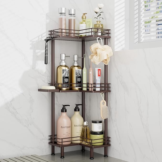 Consumest Corner Shower Caddy Standing - 3-Tier Stainless Steel Shower Organizer with Soap Holder and 4 Hooks, Large Capacity Corner Shelf Stand for Bathroom, Rest Room, Bronze