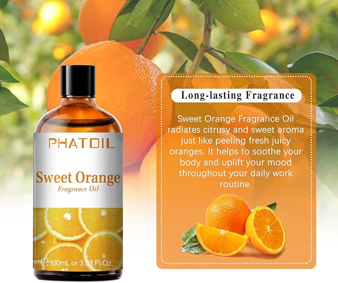 PHATOIL 100ML Sweet Orange Fragrance Oils for Aromatherapy, Diffuser Oils for Home, Perfect for Humidifier, Yoga, DIY Candle and Soap Making - 3.38FL.OZ