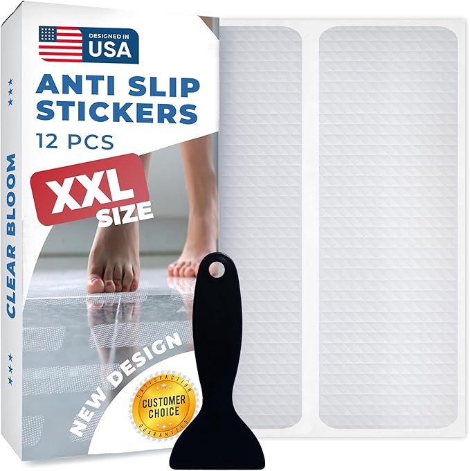 XXL Anti Slip Shower Stickers 12 PCS, Invisible Non-Slip Shower Strips for Adults, Premium Adhesive Bath Tub Stickers (Clear)