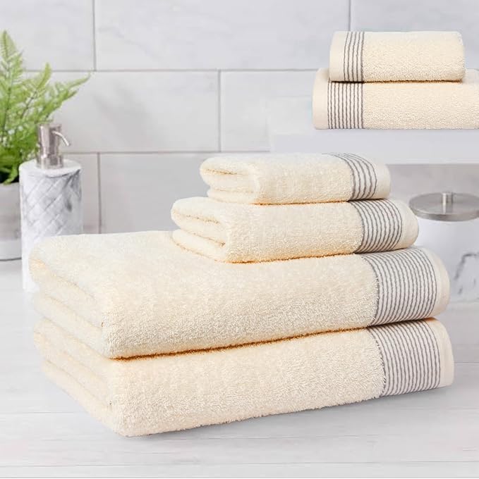 Belizzi Home 100% Cotton Ultra Soft 6 Pack Towel Set, Contains 2 Bath Towels 28x55 inchs, 2 Hand Towels 16x24 inchs & 2 Washcloths 12x12 inchs, Compact Lightweight & Highly Absorbant - Ivory