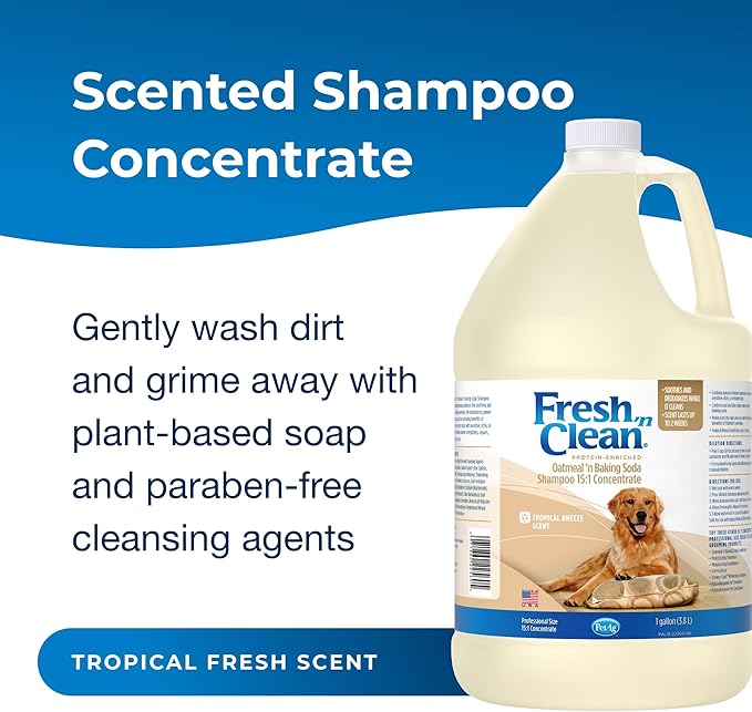 PetAg Fresh ’n Clean Oatmeal ’n Baking Soda Shampoo - Tropical Breeze Scent (15:1 Concentrate) - 1 Gallon - Nurtures Dry, Itchy Skin with Vitamin E & Aloe - Strengthens & Repairs - Soap Free