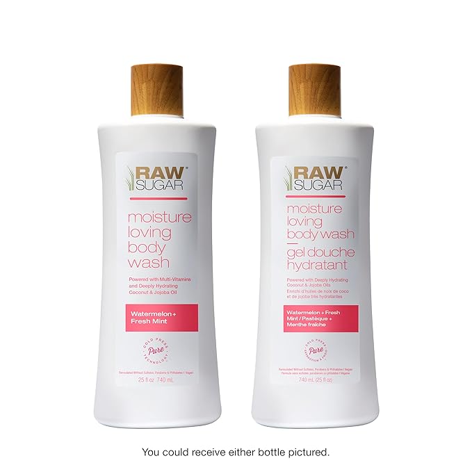 RAW SUGAR Moisture Loving Body Wash - Watermelon + Fresh Mint, Moisturizing & Refreshing Bath & Shower Gel, Sulfate-Free, Paraben-Free & Vegan (Pack of 3)