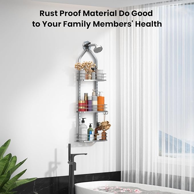 Shower Caddy Hanging (Silver), Adjustable Anti-Swing-Over The Shower Head Caddy, 3 Tier Height Bathroom Storage Organizer Bathroom Shelves Basket Rack Shower Caddies (3Tier)
