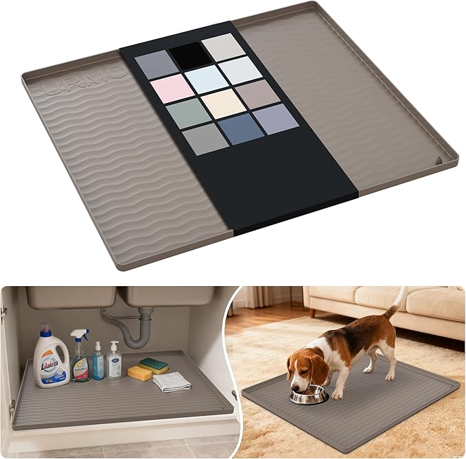 URMONA Waterproof Silicone Under Sink Mat 25'' x 22'' Shelf Liner for Kitchen and Bathroom, Cabinet and Counter Protector, Storage and Organizers, Litter Mat, Pet Cat Puppy Essentials(Beige)
