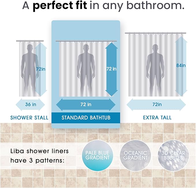 LiBa PEVA Shower Curtain Liner with 12 Plastic Rings, 8G Waterproof Shower Liner, 72x72 Inch Clear Shower Curtain with Magnets, Weighted Bathroom, 3D Clear Bubbles Pattern