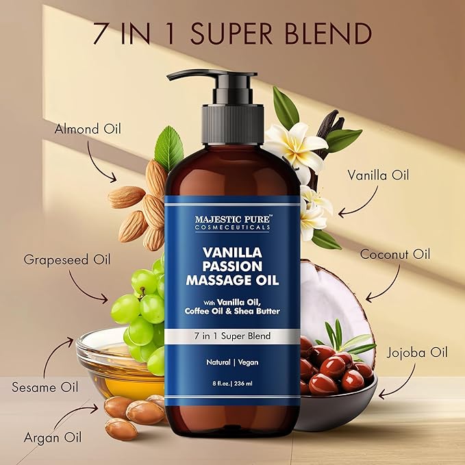 MAJESTIC PURE Vanilla Passion Massage Oil for Massage Therapy - Refreshing, and Relaxing - Natural Oils with Vanilla Oil, Coffee Oil & Shea Butter - for All Skin Types - Men and Women - 8 fl oz