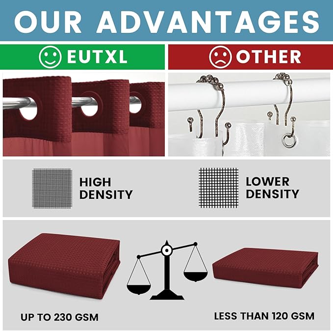 Burgundy No Hook Shower Curtain with Snap in Liner,230GSM Waffle Weave Shower Curtains for Bathroom,71W x 74H