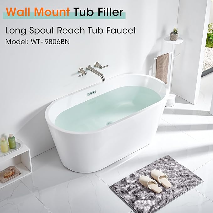 Wall Mount Tub Filler Long Spout Reach Tub Faucet with Rough-in Valve High Flow Tub Faucets 2-Handle Wall Mounted Bathtub Faucet Brass Roman Bath Tub Faucet Set Brushed Nickel (WT-9806BN)