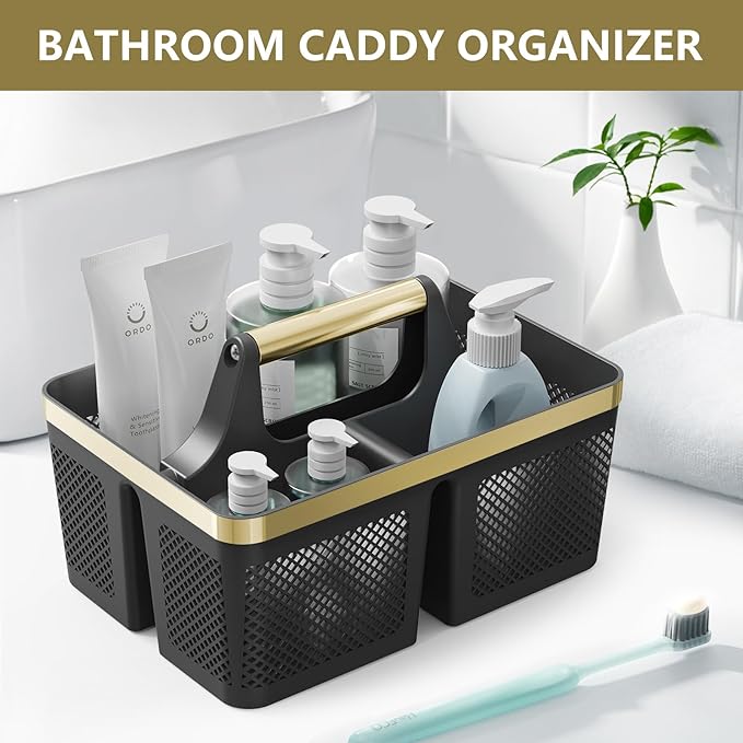 Shower Caddy Dorm Men: Plastic Bathroom Caddy Organizer with Handle and Holes, Bath Caddy for College Dorm, Portable Shower Basket Tote for Toiletry, Travel, GYM, Camp Essentials Black/Gold