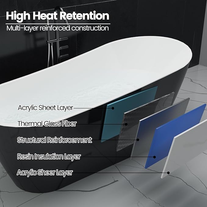 Freestanding Bathtubs 59 inch Black and White Acrylic Free Standing Soaking Tub with Integrated Overflow, Modern Home Spa Tub with Chrome Drain