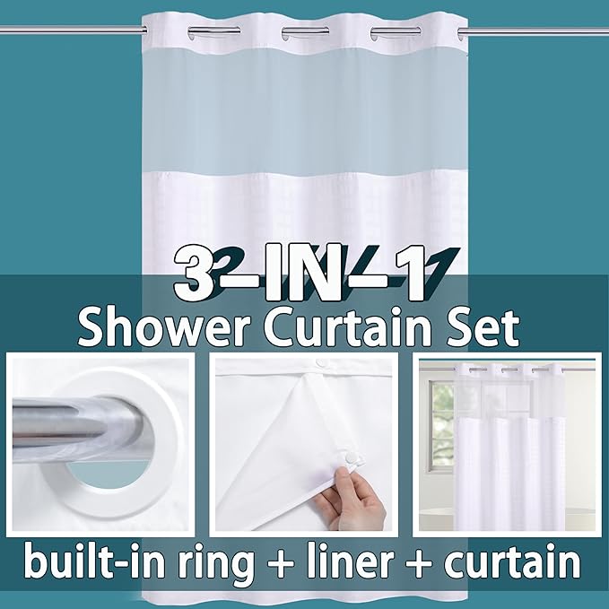 Conbo Mio Stall No Hook Shower Curtain with Snap in Liner Set, Hotel Luxury White Shower Curtains for Bathroom with See Through Top Window, Waterproof, Washable 54W x 74H