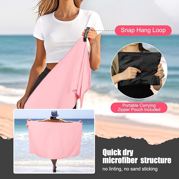 Quick Dry Travel Towel, 3 Sizes 1 Pack Camping Microfiber Towel, Lightweight Fast Drying Towels Set 60"x30", 30"x15", 15"x15" w/Bag for Gym, Beach, Hiking, Swimming, Pink
