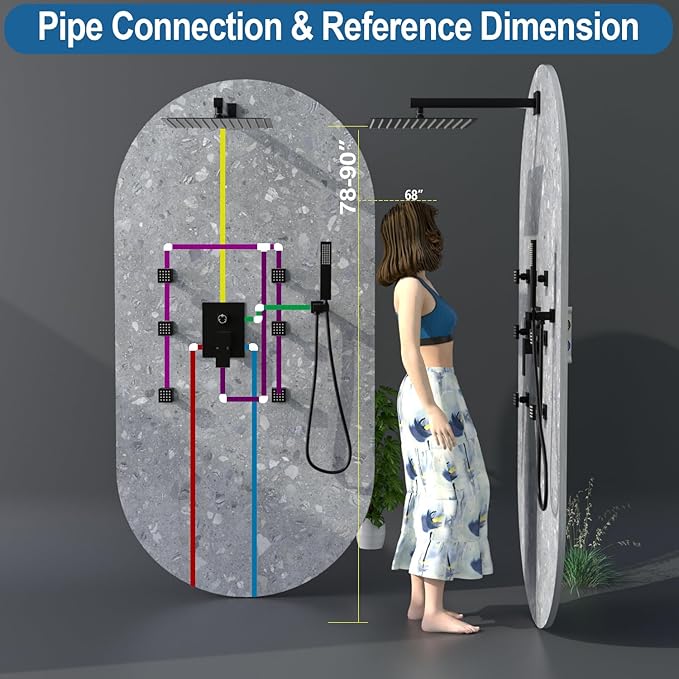 Enga Shower System with Body Jets, 12 Inch Wall Mount Rainfall Shower System and Handheld Body Spray Shower Faucets sets Combo with Rough-in Valve, Matte Black