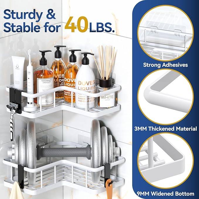 YASONIC Corner Shower Caddy, 5-Pack Adhesive Rustproof Stainless Steel Shower Organizer with Soap Holder, No Drilling Shower Shelf for Inside Shower, Dorm, Renters, White