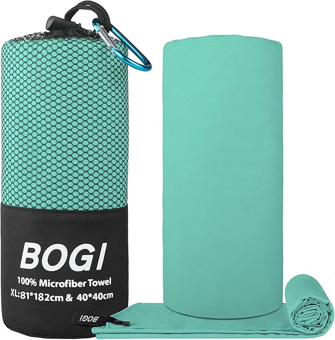 BOGI Microfiber Travel Sports Towel-Quick Dry Soft Lightweight Absorbent Compact Sports Towel for Camping Gym Beach Bath Yoga Swimming Backpacking (XL:72''x32''+16''x16''-Mint)