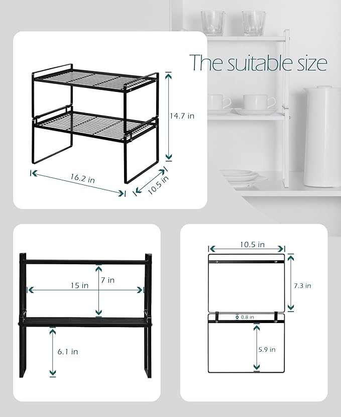 2Pack Kitchen Cabinet Shelf Counter Organizer Rack Pantry Storage Bathroom Bedroom Office Table Desk Space Saving Stackable Rust Resistant Non Slip Black Wide L16.1in W10.6in H7.3in