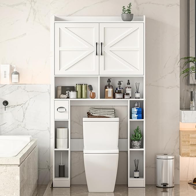 Over The Toilet Storage Cabinet, Farmhouse Toilet Cabinet Rack with Barn Doors, Space Saving Bathroom Organizer with Shelves, Toilet Paper Holder and Towel Rack for Bathroom,Restroom,Laundry（White）