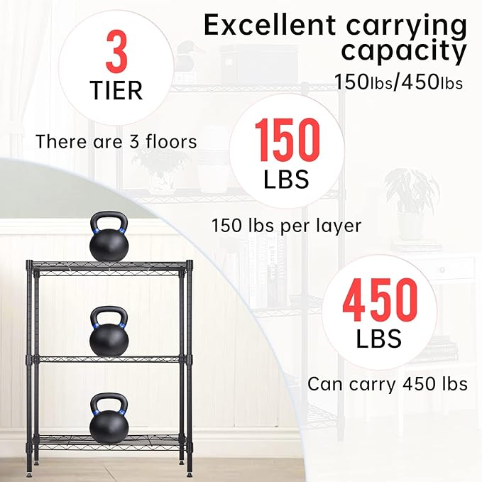 BestOffice 3-Shelf Adjustable Metal Storage Shelves Wire Shelving Unit Organizer Wire Rack 450Lbs Capacity for Small Places Kitchen Garage 23Lx13.2Wx30.2H,Black
