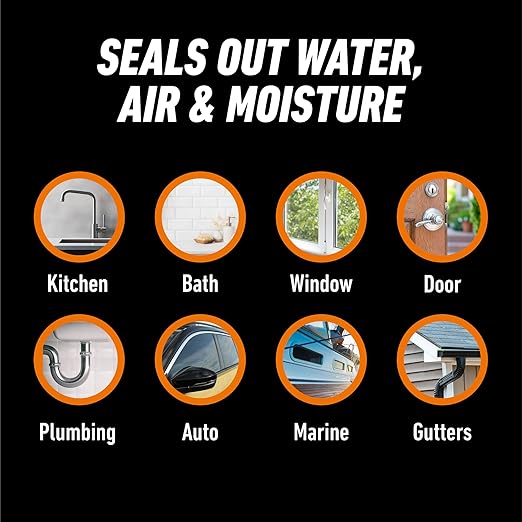 Gorilla Waterproof Caulk & Seal Silicone Sealant, 10oz Cartridge (Pack of 1) - White Caulking Sealant for Kitchen, Window, Bath, Marine, Door and More