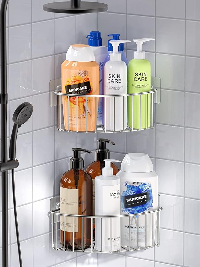 SMARTAKE 2-Pack Corner Shower Caddy Deep Basket Design, SUS304 Stainless Steel, Wall Mounted Bathroom Shelf with Adhesive, Storage Organizer for Toilet, Dorm and Kitchen (Silver)