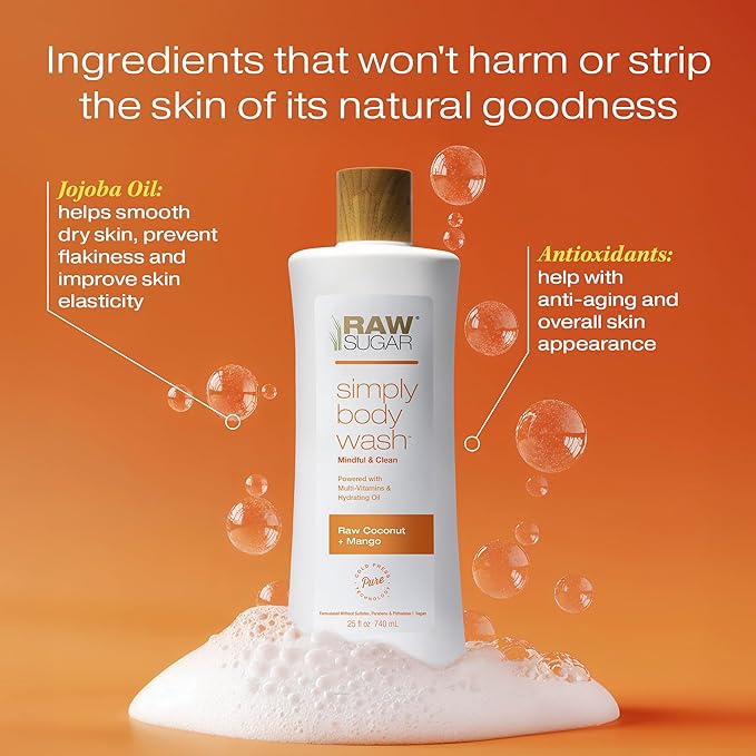 RAW SUGAR Simply Body Wash, (25 Fl Oz, Pack of 1) Bath Soap, Formulated without Sulfates & Parabens (Raw Coconut + Mango)