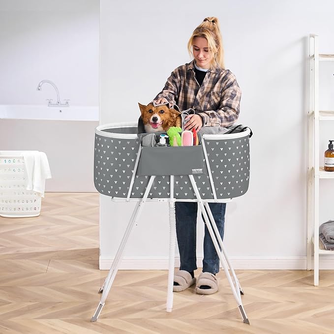 VEVOR Portable Dog Bathtub, Elevated & Foldable Space-Saving Pet Shower Station with Efficient Drainage, Bathing Tub for Washing & Grooming Small and Medium Size Dogs and Cats Indoor & Outdoor, Grey