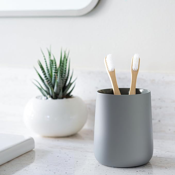 Matte Gray Toothbrush and Toothpaste Holder and Cup for Bathroom Vanity and Countertop, Round Organizer for Electric Toothbrushes, Floss, Razors, Cotton, and Mouthwash