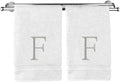Monogrammed Hand Towel, Personalized Initial Gift, Extra Absorbent 100% Turkish Cotton - Soft Terry Finish - Set of 2 - Silver Block Initial F - Embroidered on White Towels