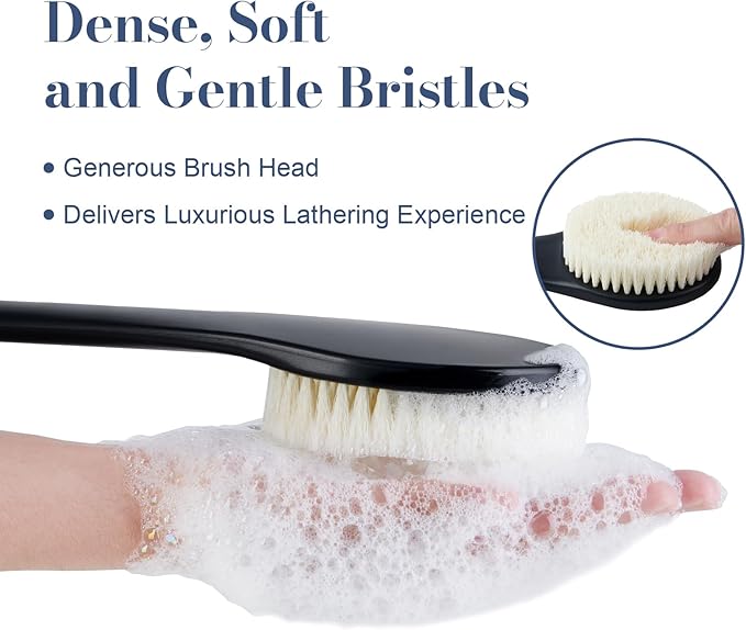 Back Scrubber for Shower, Shower Body Brush for Cleaning with Long Handle for Showering, 17 Inch Back Washer Exfoliator for Shower Men Women with Non-Slip Handle, Adhesive Hook (Black)