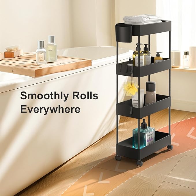 Pipishell Slim Storage Cart with Wheels, Bathroom Cart Organizer Bathroom Storage Small, Rolling Cart for Bathroom, Laundry Room, Kitchen, Narrow Space, Black PIUC05
