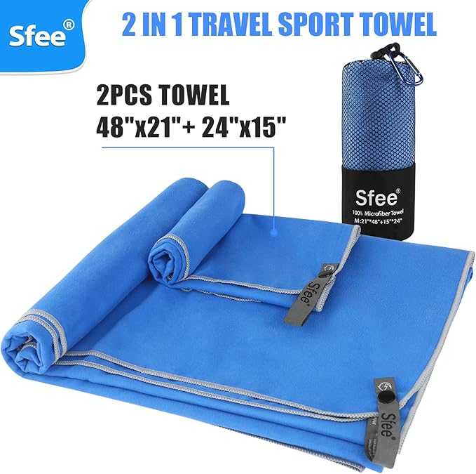 Sfee 2 Pack Microfiber Travel Towel, Quick Dry Towel Camping Towel Super Absorbent Compact Lightweight Sports Swim Gym Towels Set for Gym, Hiking, Pool, Backpacking, Bath, Yoga (M :48"x21"+24"x15")