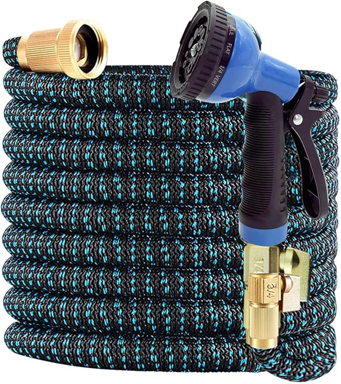 J&B XpandaHose 75ft Expandable Garden Hose with Holder - Heavy Duty Superior Strength 3750D - 4 -Layer Latex Core - Extra Strong Brass Connectors and 10 Spray Nozzle w/Storage Bag (Blue 75)