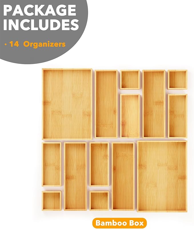 SpaceAid 14-Piece Bamboo Drawer Organizer Storage Boxes Set, Wood Tray Junk Drawer Organizers Multi-Use Divider Bins for Kitchen, Bathroom, Office Desk and Makeup Organization (14 Pack, Natural)