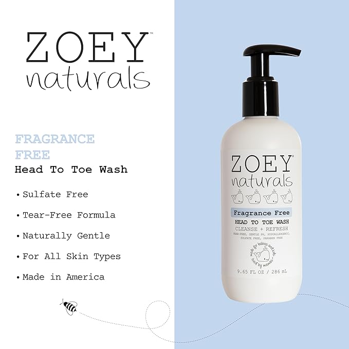 Absolutely Natural Zoey Naturals Fragrance-Free Head to Toe Baby & Toddler Wash – Tear-Free Body Wash and Shampoo with Gentle pH for Sensitive Skin – 9.65 oz