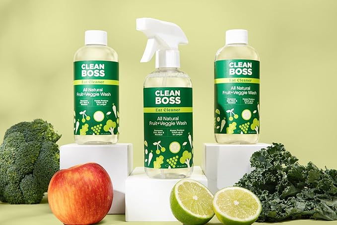 CleanBoss Eat Cleaner Triple-Action Fruit + Veggie Wash - 12 oz, Pack of 3 - Removes Harmful Residue - Keeps Produce Fresh Up to 5X Longer - Includes One Trigger - Vegan, Gluten Free - Improved Nozzle