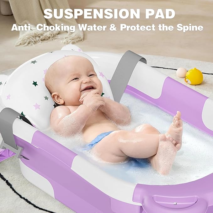 MoreFeel Collapsible Baby Bathtub for Newborn with Thermometer & 1 Hooded Towel & 1 Soft Floating Cushion,Portable Travel Bathtub with Drain Hole, Durable Foldable Baby Tubs for Infants to Toddler