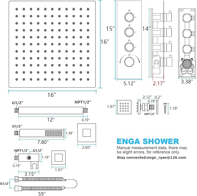 Enga Brushed Gold Shower Jets System, 16 Inch LED Rainfall Shower Faucet Set Body Spray with On-off Switch, Thermostatic Shower System Work At the Same Time