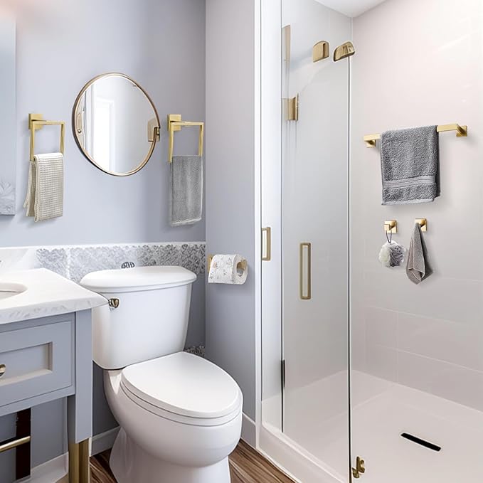 TQKAG 6-Piece Bathroom Towel Bar Sets Brushed Gold 23.6 inch Towel Bar Stainless Steel Towel Ring Coat Hook and Toilet Paper Holder Bathroom Hardware Set Wall Mounted Bathroom Accessories Kit