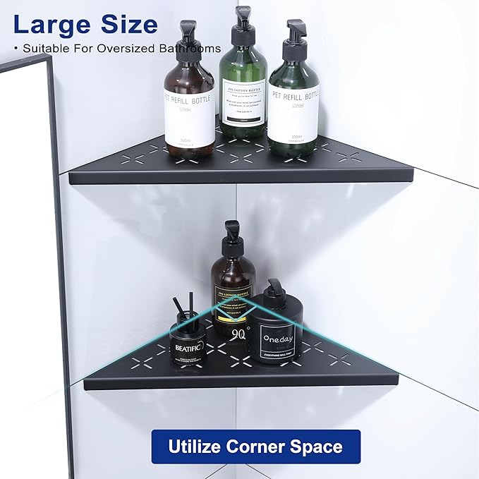12" Corner Shower Shelf, 2-Pack Shower Shelves SUS304 Stainless Steel Bathroom Shelves for Tile Walls, Recessed Corner Shelf Organizer Rack, Large Size (Matte Black)