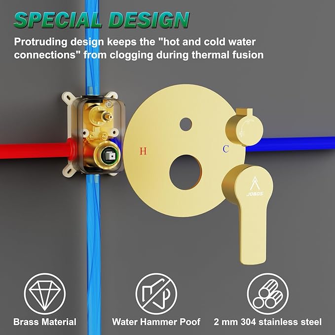 Shower Faucet Set Brass 8IN Rough-In Valve Body Trim Kit Rainfall Included Handle Accessories Complete 2 Functions with Rain Head and Handheld Bathroom Systems (8‘’, Brushed Gold)