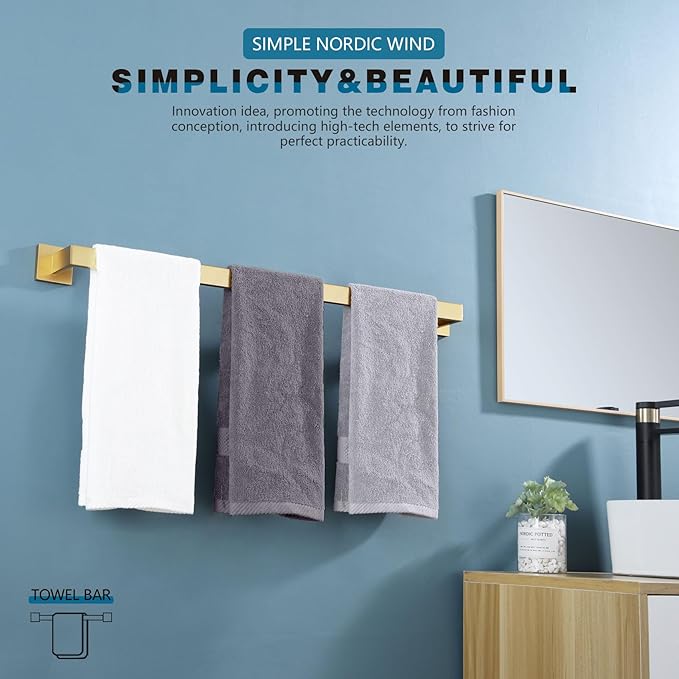 KOKOSIRI 32 Inch Gold Bath Towel Bar Bathroom Towel Rack Towel Holder Shower Hand Towel Hanger,Total Length 33.3 Inch, Brushed Gold, B4003BG-L32