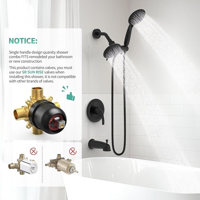 SR SUN RISE Shower System with Tub Spout, 35-Function Dual 2-in-1 Tub and Shower Faucet Combo Set, Single-Handle Tub and Shower Trim Kit, Patented 3-Way Diverter Matte Black(Valve Included)